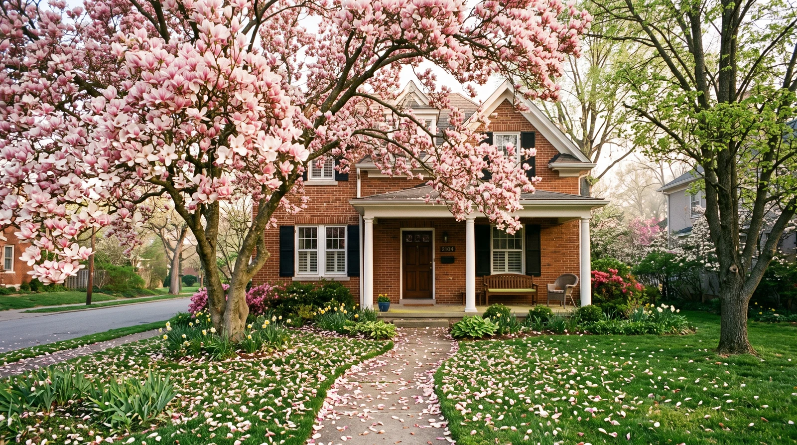 Louisville brick home framed by a blooming magnolia in early spring