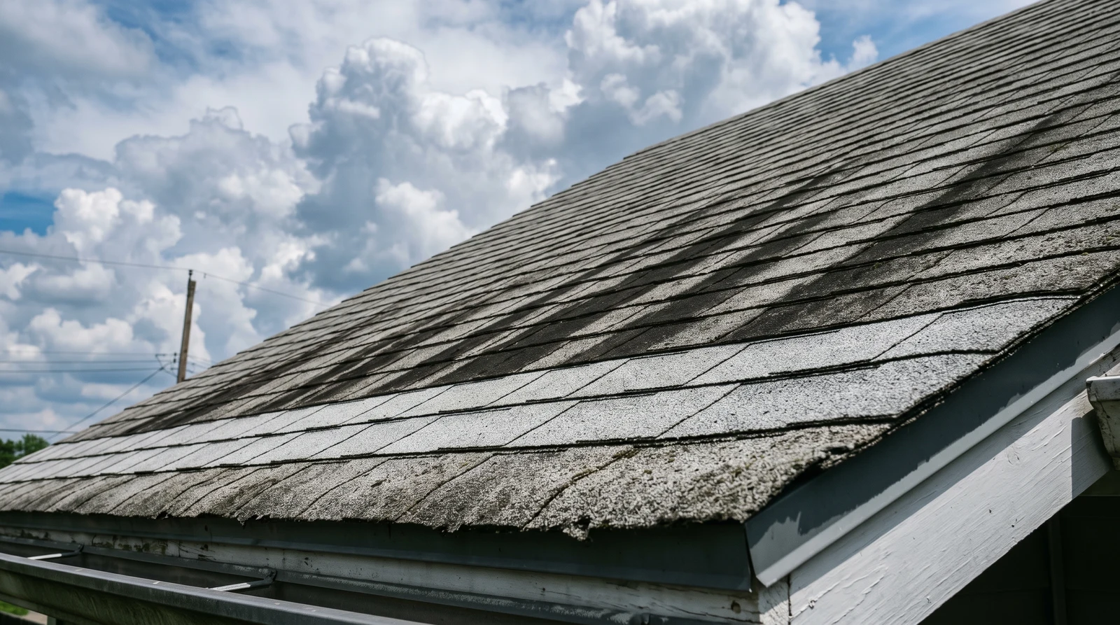 Black algae streaks running down an asphalt shingle roof in Louisville