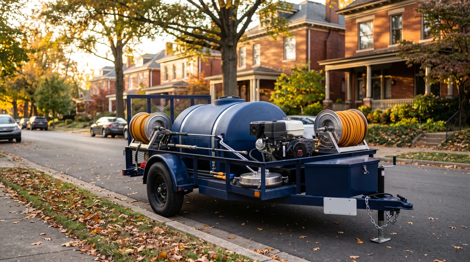 Professional pressure washing trailer rig parked on a Louisville street