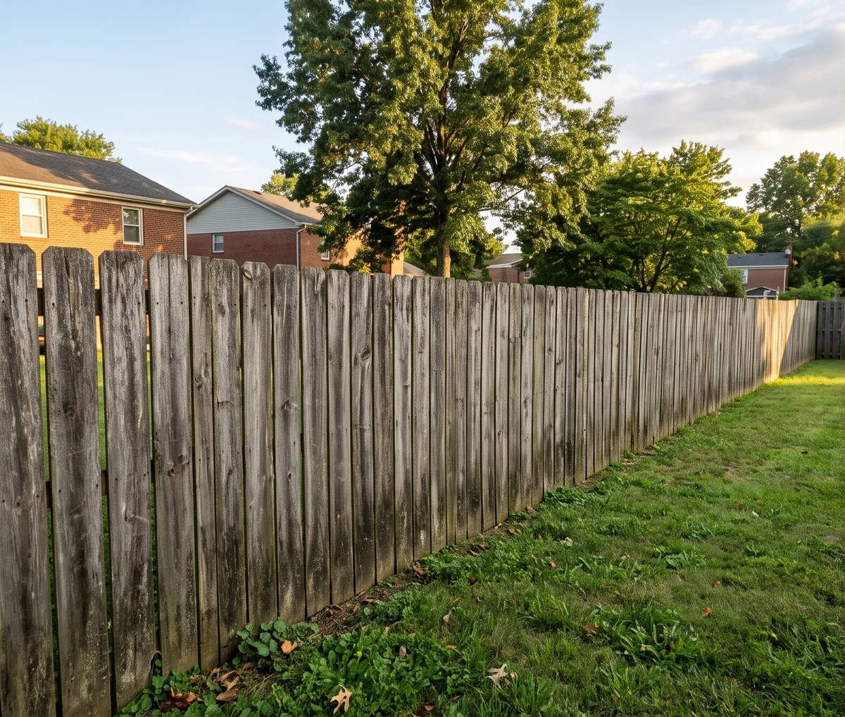 Weathered gray privacy fence with mildew before cleaning in Louisville