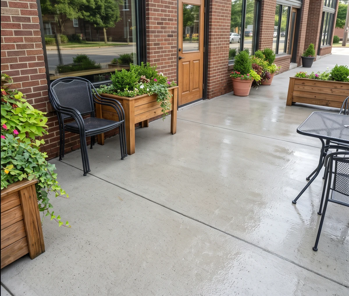 Fresh uniform clean concrete cafe patio after washing in Louisville