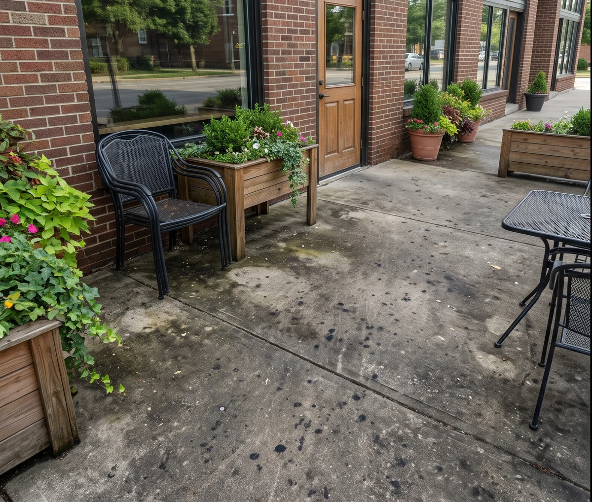 Stained dark concrete cafe patio before commercial pressure washing in Louisville